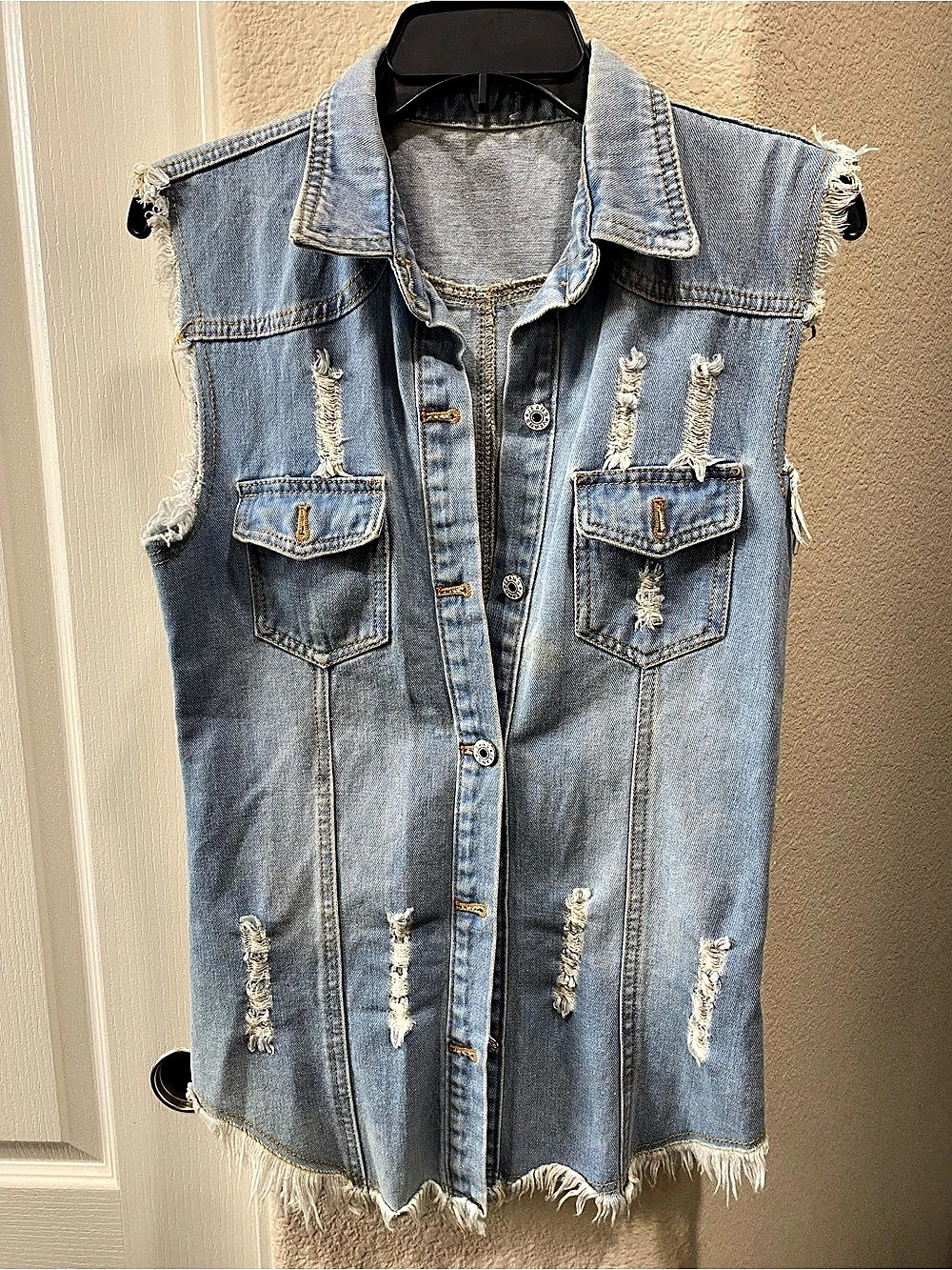 Tanming Women's Casual Denim Vest Sleeveless Frayed Ripped Long Denim Jean